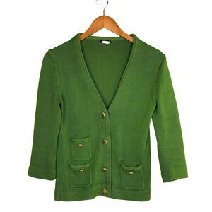 J.Crew Vintage Button Down Cable-Knit V Neck 3/4 Sleeve Sweater Pockets S Green